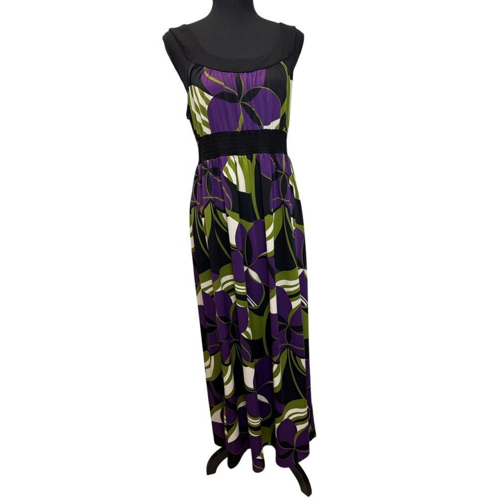 Colorful Floral Max Dress John Paul Richard Scoop Neckline Comfort Purple Medium